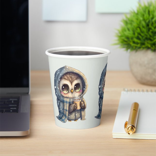 Cute Big-Eyed Owl Holding a Coffee -  Paper Cups (Insitu)