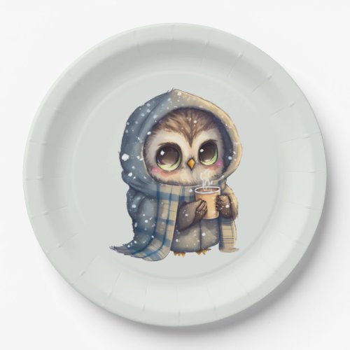 Cute Big_Eyed Owl Holding a Coffee Paper Plates