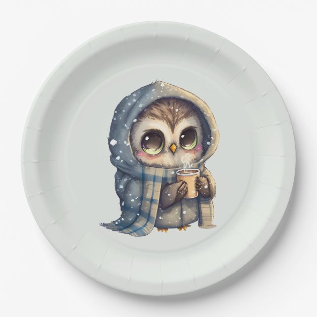 Cute Big-Eyed Owl Holding a Coffee Paper Plates (Front)