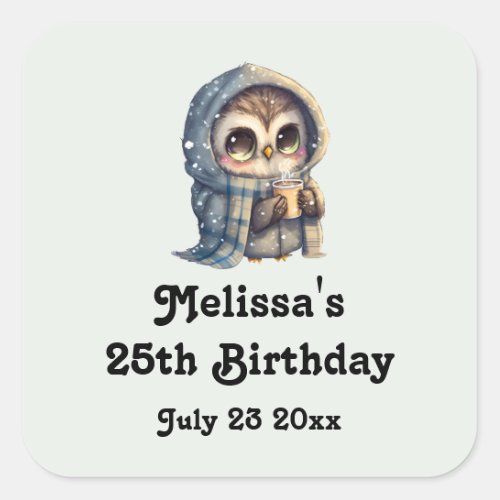 Cute Big_Eyed Owl Holding a Coffee Party Date Square Sticker