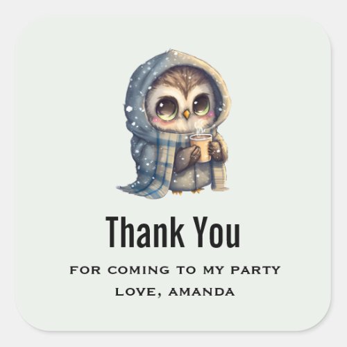 Cute Big_Eyed Owl Holding a Coffee Party Thank You Square Sticker