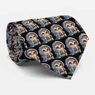 Cute Big-Eyed Owl Holding a Coffee Pattern Neck Tie