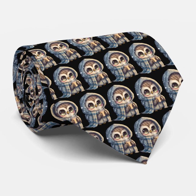 Cute Big-Eyed Owl Holding a Coffee Pattern Neck Tie (Rolled)