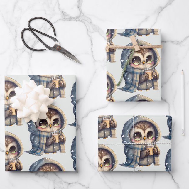 Cute Big-Eyed Owl Holding a Coffee Pattern Wrapping Paper Sheets (Front)