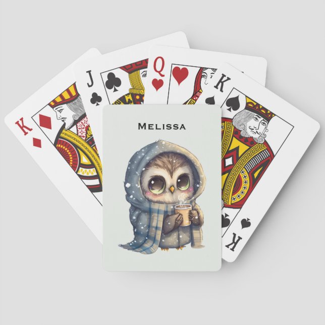 Cute Big-Eyed Owl Holding a Coffee Poker Cards (Back)