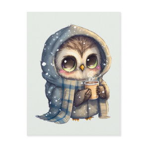 Cute Big-Eyed Owl Holding a Coffee Postcard