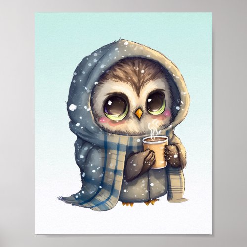 Cute Big_Eyed Owl Holding a Coffee Poster