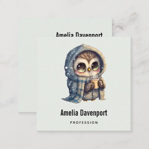 Cute Big_Eyed Owl Holding a Coffee Square Business Card
