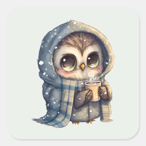 Cute Big_Eyed Owl Holding a Coffee Square Sticker