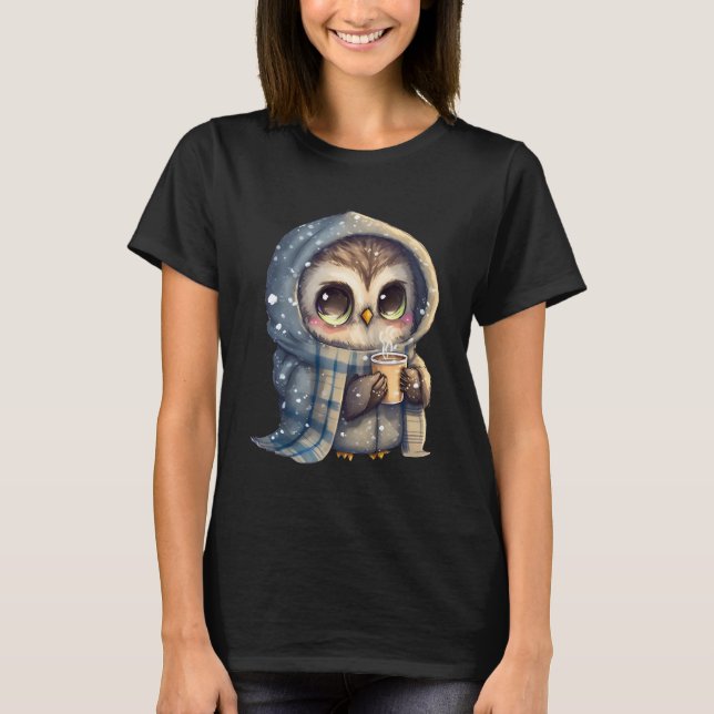 Cute Big-Eyed Owl Holding a Coffee T-Shirt (Front)