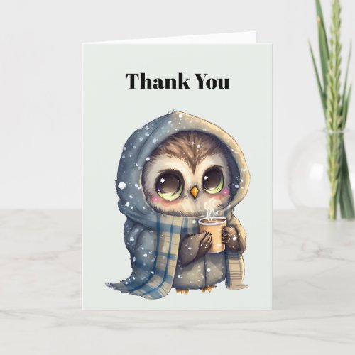 Cute Big_Eyed Owl Holding a Coffee Thank You Card