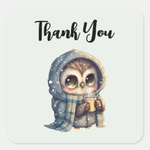 Cute Big-Eyed Owl Holding a Coffee Thank You Square Sticker
