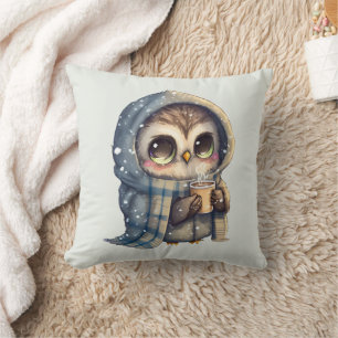 Cute Big-Eyed Owl Holding a Coffee Throw Pillow