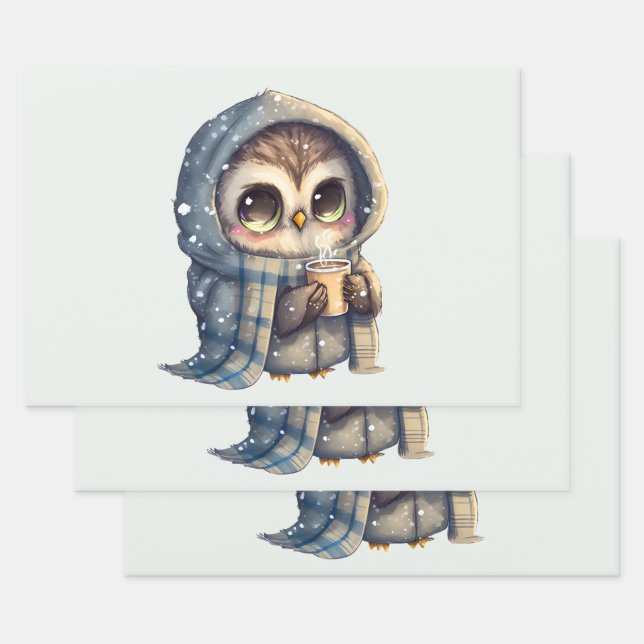 Cute Big-Eyed Owl Holding a Coffee Wrapping Paper Sheets (Set)