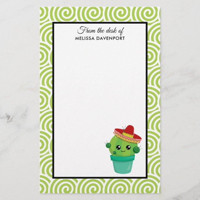 Cute Big-Eyed Smiling Cactus in Red Sombrero Stationery (Front)