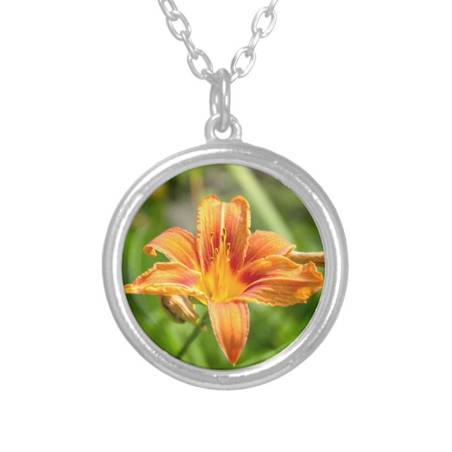 Cute big Lily flower photo Silver Plated Necklace (Front)