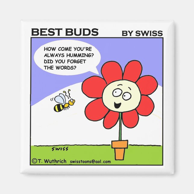 Cute Big Red Flower and Bumble Bee Cartoon Magnet (Front)