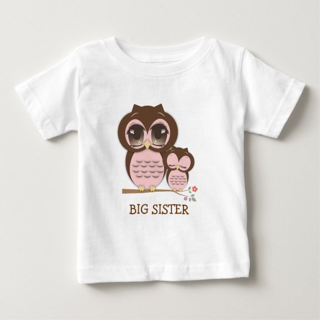 Cute Big Sister Owl with Sleepy Lil' Baby Sis Baby T-Shirt (Front)
