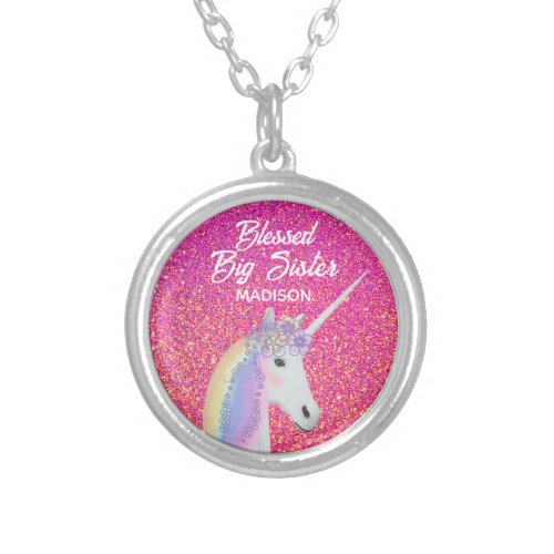 Cute Big Sister Unicorn Pink Glitter Monogram Name Silver Plated Necklace