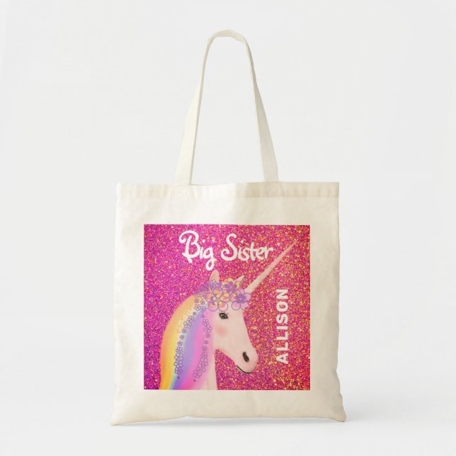 Cute Big Sister Unicorn Pink Glitter Personalized Tote Bag (Front)