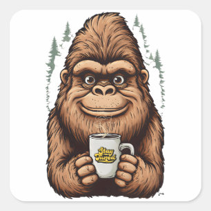 Cute Bigfoot Drinking Coffee Funny Sasquatch Square Sticker