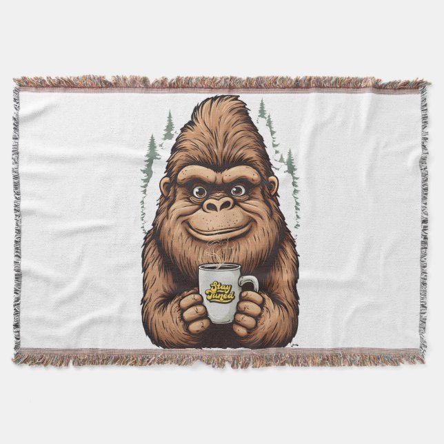 Cute Bigfoot Drinking Coffee  Funny Sasquatch  Throw Blanket (Front)