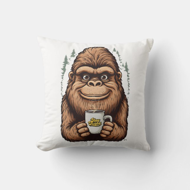 Cute Bigfoot Drinking Coffee  Funny Sasquatch  Throw Pillow (Front)