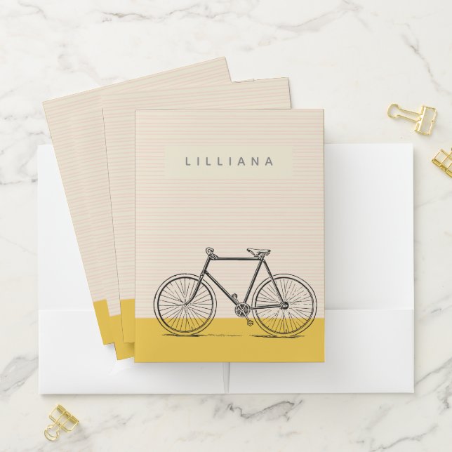 Cute Bike Bicycle Yellow Personalized Name Pocket Folder (In Situ)