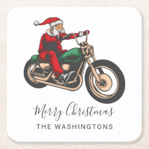 Cute Bike Rider Santa Christmas Square Paper Coaster