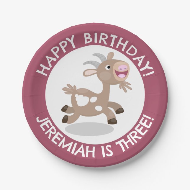 Cute billy goat cartoon personalized birthday paper plates (Front)