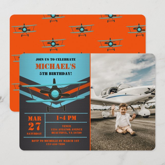 Cute Biplane Aviation Airplane Kids Photo Birthday Invitation (Front/Back)