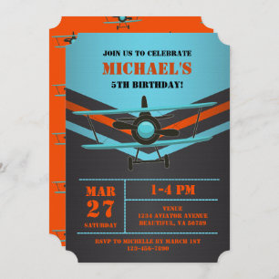 Cute Biplane Aviation Airplane Kids Pilot Birthday Invitation