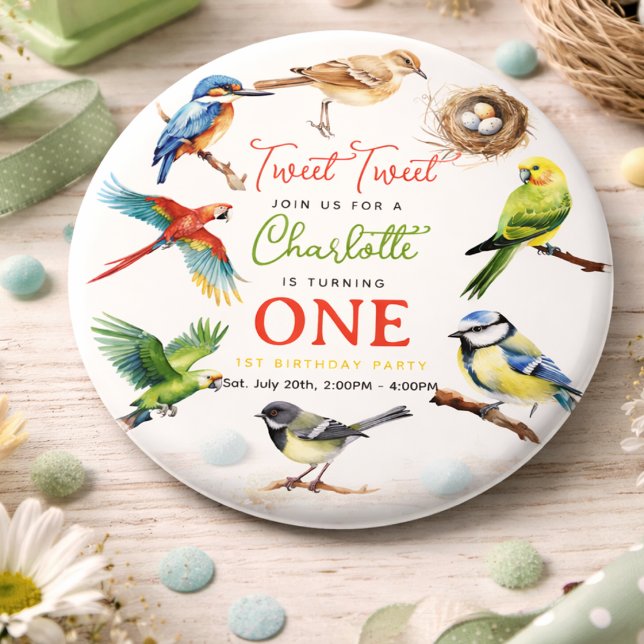 Cute Bird 1st Birthday Party Button (Cute Bird 1st Birthday Party button)