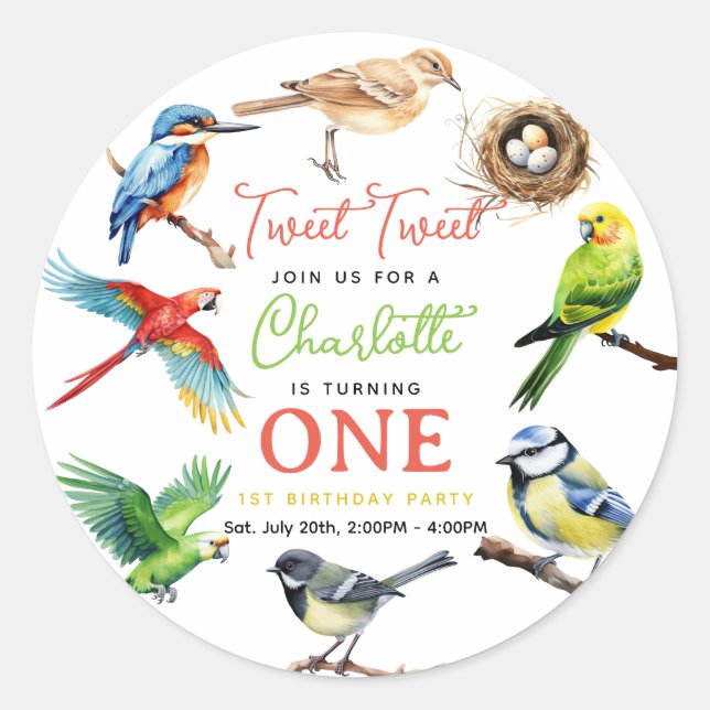 Cute Bird 1st Birthday Party Classic Round Sticker (Front)