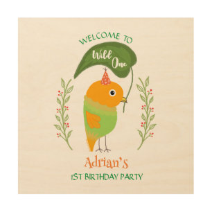 Cute Bird 1st Birthday Welcome Wood Wall Art