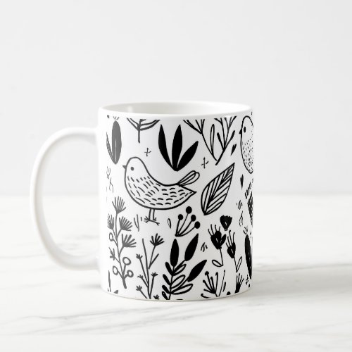 Cute Bird Abstract Lines Funny Hand Draw Leaf  Coffee Mug