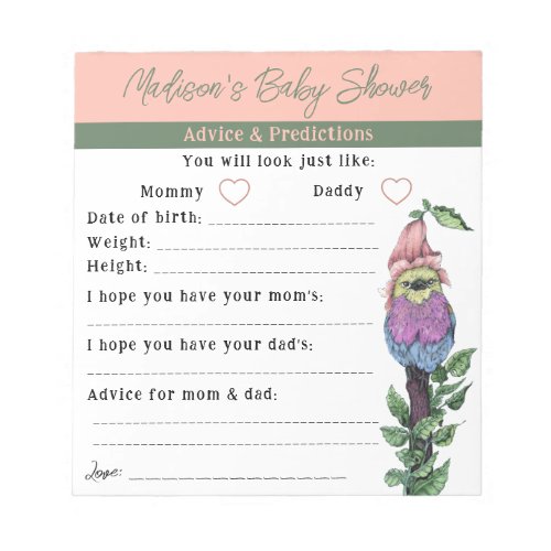 Cute Bird Advice and Predictions Baby Shower Game Notepad