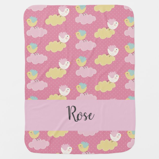 Cute bird and clouds pink baby blanket (Front)