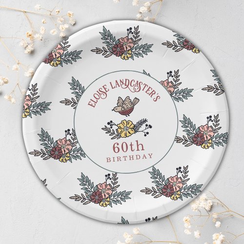 Cute Bird and Flowers Personalized 60th Birthday Paper Plates