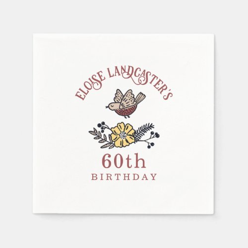 Cute Bird and Flowers Personalized Birthday Napkins