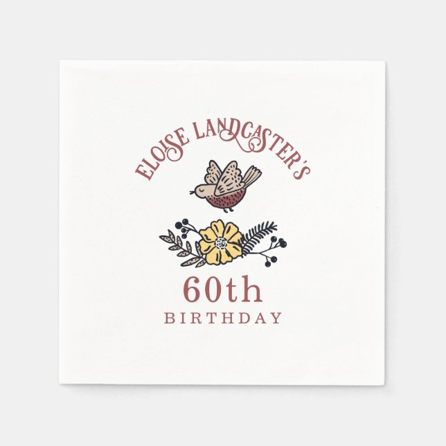 Cute Bird and Flowers Personalized Birthday Napkins (Front)