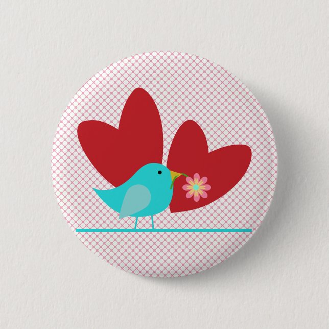 Cute Bird and Hearts Pinback Button (Front)