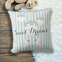 Cute Bird Baby Blue Stripe Nursery / Kids Room Throw Pillow