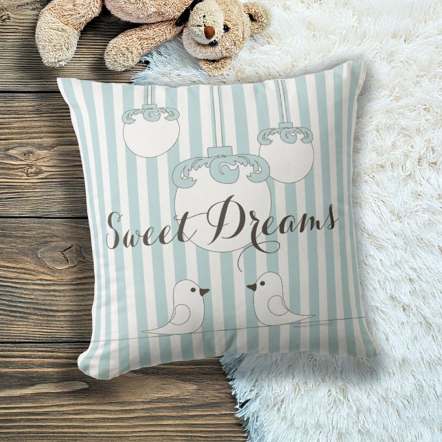 Cute Bird Baby Blue Stripe Nursery / Kids Room Throw Pillow (Creator Uploaded)