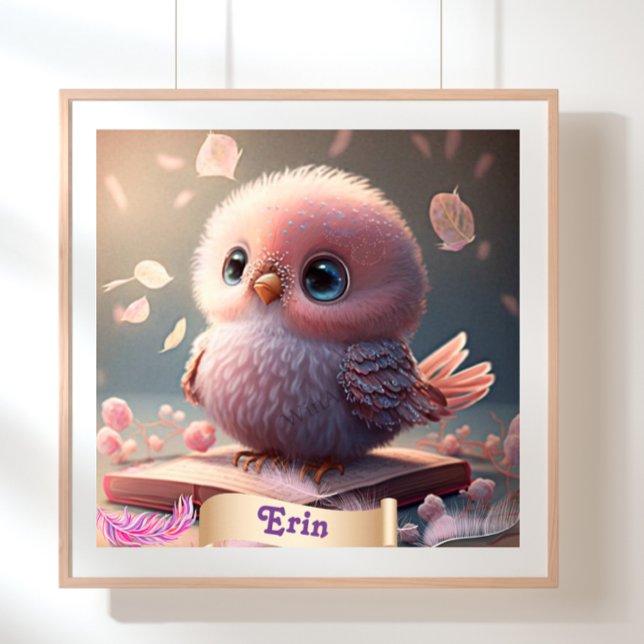 Cute Bird Baby Pink Owl Book Personalized Art Poster (Creator Uploaded)