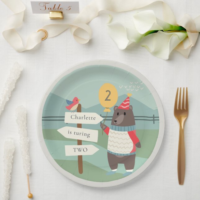 Cute Bird Bear Milestone Mountain Any Age Birthday Paper Plates (Wedding)