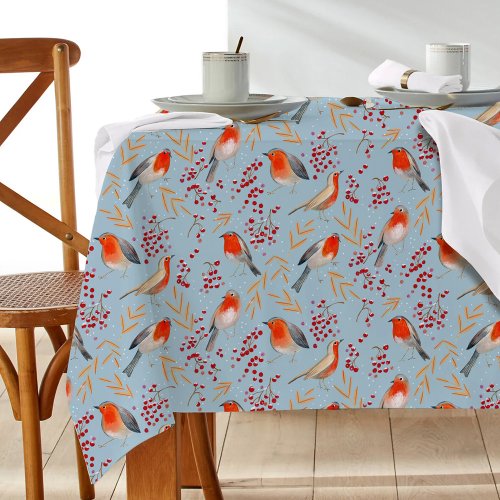 Cute Bird Blue Robin Winter Christmas Pattern Tablecloth