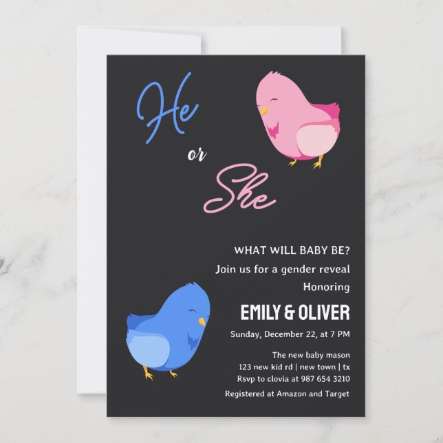 Cute bird boy or girl gender reveal party invitati invitation (Front)