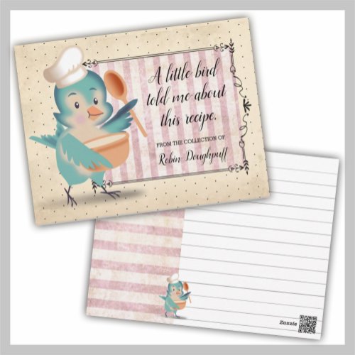 Cute bird chef cooking baking cookbook recipe card