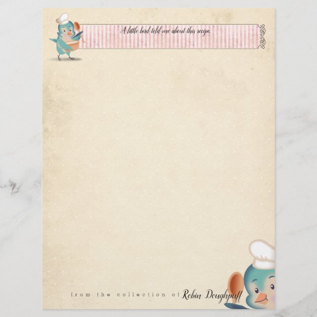 Cute bird chef personalized recipe letterhead (Front)